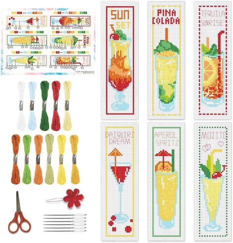 BEUNITONE 6 Pcs Cross Stitch Bookmark Kit for Beginner Coffee and Sweet Time Theme Hand Embroidery Kit with Instruction Tea Stamped Embroidery Bookmarks Handmade for DIY Crafts Book Lovers 8.5''x3'' in Kuwait