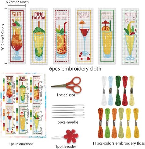 BEUNITONE 6 Pcs Cross Stitch Bookmark Kit for Beginner Coffee and Sweet Time Theme Hand Embroidery Kit with Instruction Tea Stamped Embroidery Bookmarks Handmade for DIY Crafts Book Lovers 8.5''x3'' in Kuwait