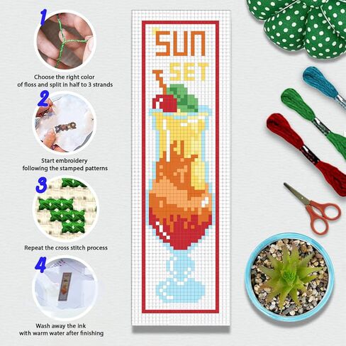 BEUNITONE 6 Pcs Cross Stitch Bookmark Kit for Beginner Coffee and Sweet Time Theme Hand Embroidery Kit with Instruction Tea Stamped Embroidery Bookmarks Handmade for DIY Crafts Book Lovers 8.5''x3'' in Kuwait