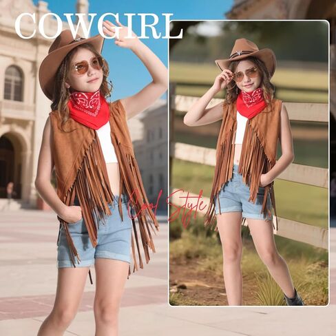 Cowgirl Outfits for Girls Kids 6 Pcs Western Costume Accessories Cowboy Hat Fringe Vest Earring for Halloween Party in Saudi Arabia