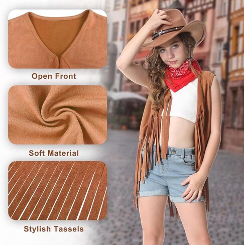 Cowgirl Outfits for Girls Kids 6 Pcs Western Costume Accessories Cowboy Hat Fringe Vest Earring for Halloween Party in Saudi Arabia