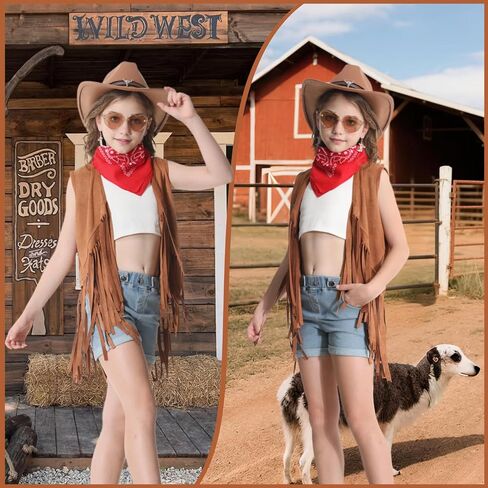Cowgirl Outfits for Girls Kids 6 Pcs Western Costume Accessories Cowboy Hat Fringe Vest Earring for Halloween Party in Saudi Arabia