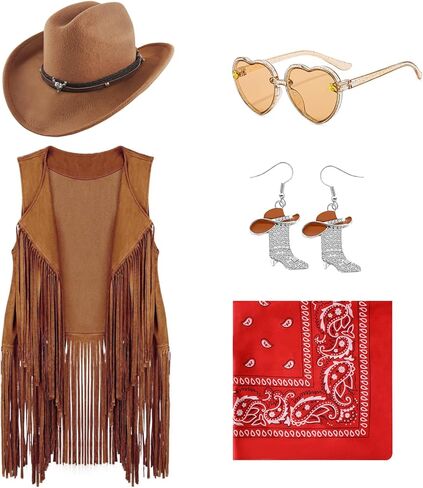 Cowgirl Outfits for Girls Kids 6 Pcs Western Costume Accessories Cowboy Hat Fringe Vest Earring for Halloween Party in Saudi Arabia