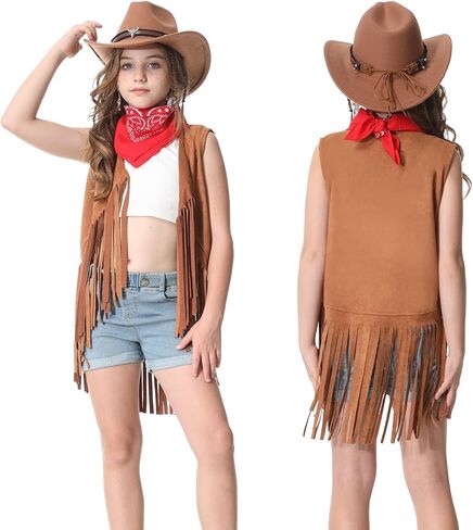 Cowgirl Outfits for Girls Kids 6 Pcs Western Costume Accessories Cowboy Hat Fringe Vest Earring for Halloween Party in Saudi Arabia