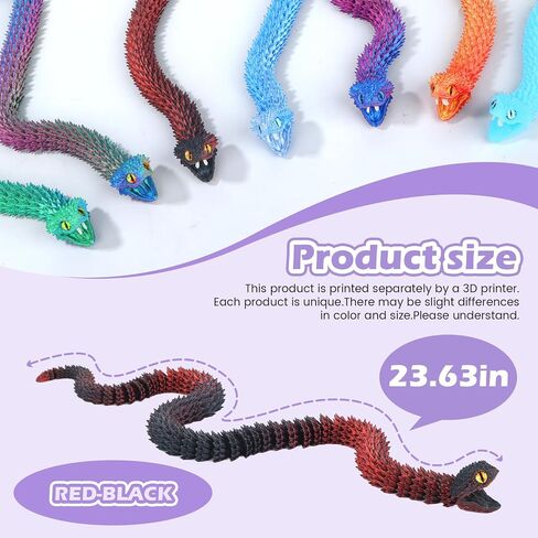 3D Printed Viper,3D Printed Snake Toy,3D Printed Animal, Fingertip 3D Printed Toys for Autism Hyperactivity Disorder-Home Office Decor Executive Desk Toys (RED-Black, 23.63 in) in Saudi Arabia