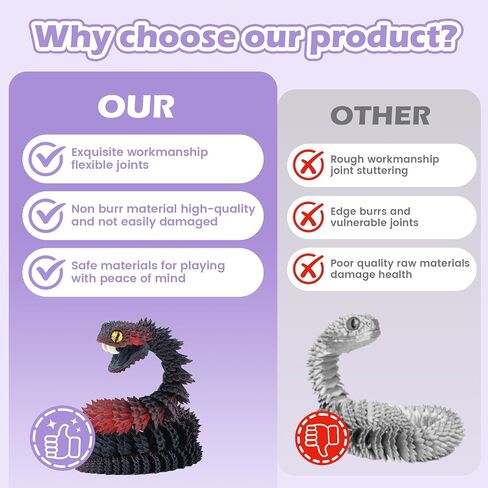 3D Printed Viper,3D Printed Snake Toy,3D Printed Animal, Fingertip 3D Printed Toys for Autism Hyperactivity Disorder-Home Office Decor Executive Desk Toys (RED-Black, 23.63 in) in Saudi Arabia