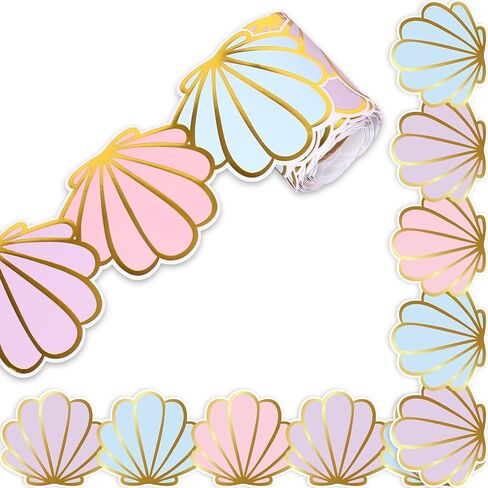 Whaline 32.8Ft Summer Pastel Shell Bulletin Board Border Gold Foil Beach Party Die Cut Trim Border Roll for Summer Sea Theme Classroom Chalkboard Wall Decor in Kuwait