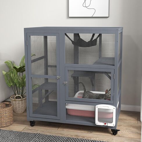 pawhut indoor wooden catio ، cat house cat lection على عجلات مع 3 منصات ، أرجوحة ، باب رفرف القطط وأعلى قابلة للفتح ، منزل كيتي فاخر لقطتين ، 39 "، رمادي فاتح in Saudi Arabia