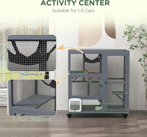 pawhut indoor wooden catio ، cat house cat lection على عجلات مع 3 منصات ، أرجوحة ، باب رفرف القطط وأعلى قابلة للفتح ، منزل كيتي فاخر لقطتين ، 39 "، رمادي فاتح in Saudi Arabia