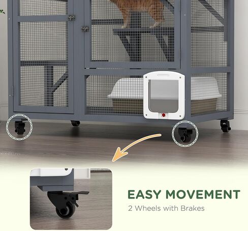pawhut indoor wooden catio ، cat house cat lection على عجلات مع 3 منصات ، أرجوحة ، باب رفرف القطط وأعلى قابلة للفتح ، منزل كيتي فاخر لقطتين ، 39 "، رمادي فاتح in Saudi Arabia