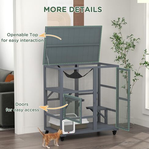 pawhut indoor wooden catio ، cat house cat lection على عجلات مع 3 منصات ، أرجوحة ، باب رفرف القطط وأعلى قابلة للفتح ، منزل كيتي فاخر لقطتين ، 39 "، رمادي فاتح in Saudi Arabia