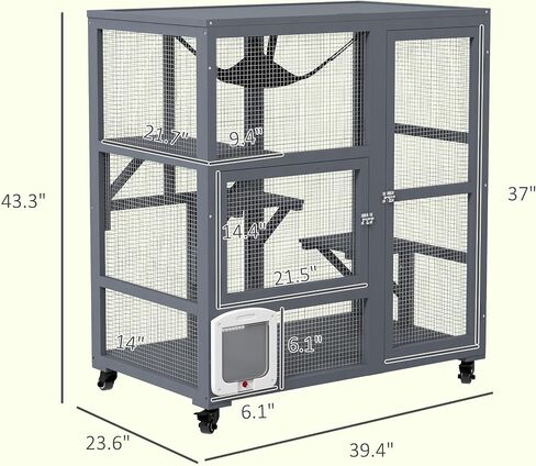 pawhut indoor wooden catio ، cat house cat lection على عجلات مع 3 منصات ، أرجوحة ، باب رفرف القطط وأعلى قابلة للفتح ، منزل كيتي فاخر لقطتين ، 39 "، رمادي فاتح in Saudi Arabia