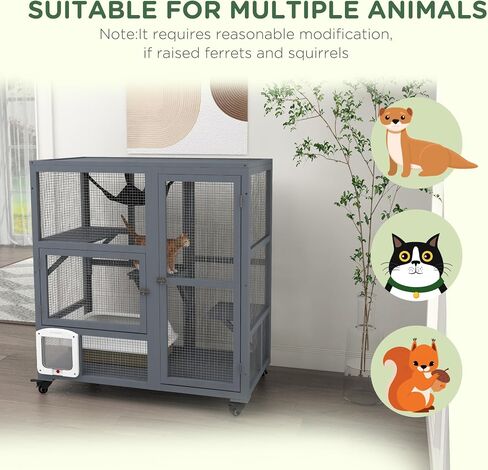 pawhut indoor wooden catio ، cat house cat lection على عجلات مع 3 منصات ، أرجوحة ، باب رفرف القطط وأعلى قابلة للفتح ، منزل كيتي فاخر لقطتين ، 39 "، رمادي فاتح in Saudi Arabia