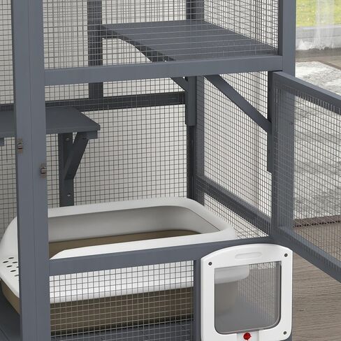 pawhut indoor wooden catio ، cat house cat lection على عجلات مع 3 منصات ، أرجوحة ، باب رفرف القطط وأعلى قابلة للفتح ، منزل كيتي فاخر لقطتين ، 39 "، رمادي فاتح in Saudi Arabia