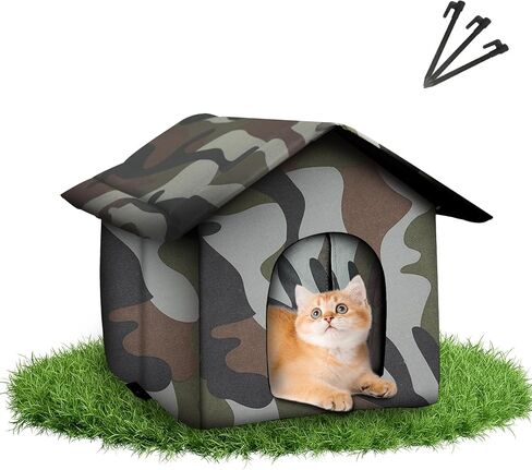 Outdoor Cat House Weatherproof, Weatherproof Feral Cat House with Mat and Doors, Warm Feral Cat with Door Curtain, Collapsible, Easy to Put Together in Kuwait
