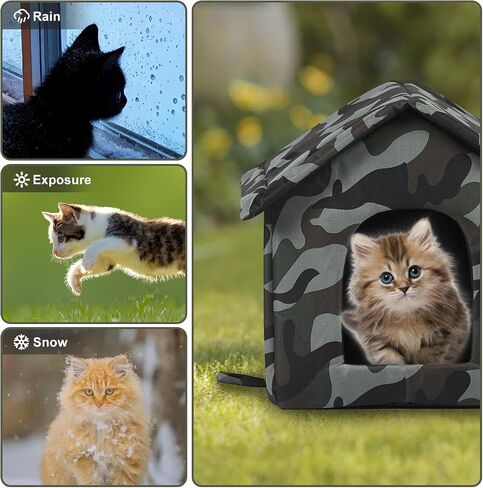 Outdoor Cat House Weatherproof, Weatherproof Feral Cat House with Mat and Doors, Warm Feral Cat with Door Curtain, Collapsible, Easy to Put Together in Kuwait
