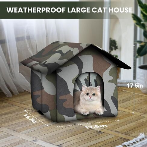 Outdoor Cat House Weatherproof, Weatherproof Feral Cat House with Mat and Doors, Warm Feral Cat with Door Curtain, Collapsible, Easy to Put Together in Kuwait