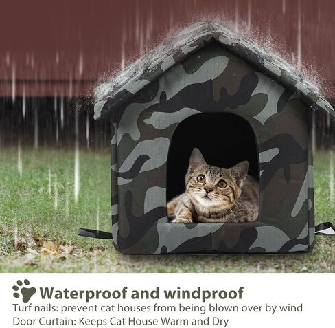 Outdoor Cat House Weatherproof, Weatherproof Feral Cat House with Mat and Doors, Warm Feral Cat with Door Curtain, Collapsible, Easy to Put Together in Kuwait