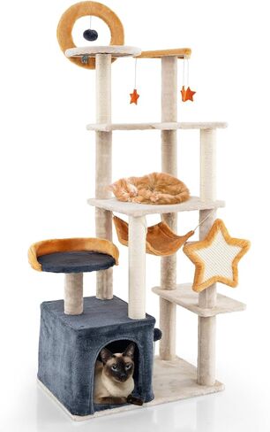 Tangkula Cat Tree Tower, 63 Inch Multi-Level Cat Tower with Cat Condo, Sisal Scratching Posts & Board, Plush Top Perch & Platforms, Hanging Moon Star Toys, Cute Cat Tree for Indoor Cats in Saudi Arabia