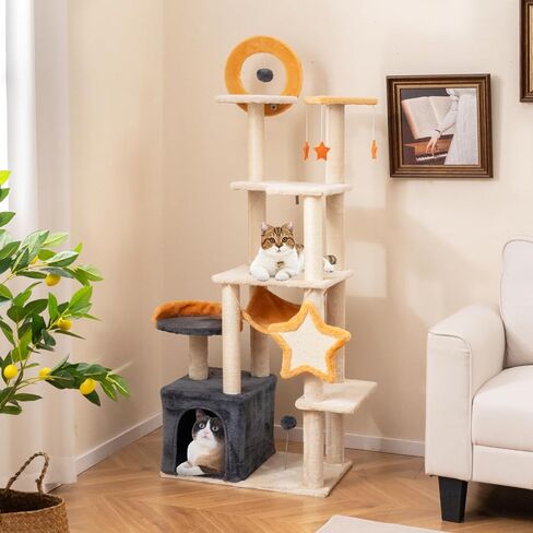 Tangkula Cat Tree Tower, 63 Inch Multi-Level Cat Tower with Cat Condo, Sisal Scratching Posts & Board, Plush Top Perch & Platforms, Hanging Moon Star Toys, Cute Cat Tree for Indoor Cats in Saudi Arabia