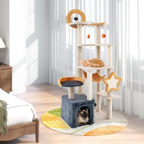 Tangkula Cat Tree Tower, 63 Inch Multi-Level Cat Tower with Cat Condo, Sisal Scratching Posts & Board, Plush Top Perch & Platforms, Hanging Moon Star Toys, Cute Cat Tree for Indoor Cats in Saudi Arabia