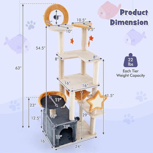 Tangkula Cat Tree Tower, 63 Inch Multi-Level Cat Tower with Cat Condo, Sisal Scratching Posts & Board, Plush Top Perch & Platforms, Hanging Moon Star Toys, Cute Cat Tree for Indoor Cats in Saudi Arabia