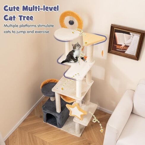 Tangkula Cat Tree Tower, 63 Inch Multi-Level Cat Tower with Cat Condo, Sisal Scratching Posts & Board, Plush Top Perch & Platforms, Hanging Moon Star Toys, Cute Cat Tree for Indoor Cats in Saudi Arabia