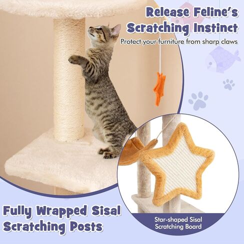 Tangkula Cat Tree Tower, 63 Inch Multi-Level Cat Tower with Cat Condo, Sisal Scratching Posts & Board, Plush Top Perch & Platforms, Hanging Moon Star Toys, Cute Cat Tree for Indoor Cats in Saudi Arabia