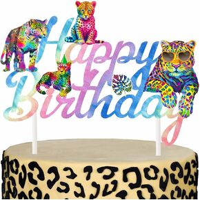 Rainbow Cheetah Cake Topper Neon Leopard Birthday Cake Decorations Cheetah Print Cake Picks Colorful Leopard Birthday Decor for Safari Animals Baby Shower Supplies