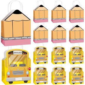 Yizeda 12Pcs Back to School Gift Bags, Back to School Appreciation Gift Bags School Bus Pencil Shaped Paper Bags with Handle for End of Year First Day of School Supplies