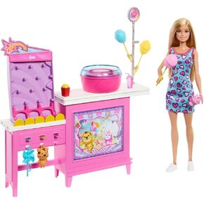 Barbie Mysteries: Beach Detectives Malibu" Doll & Cotton Candy Game Booth Playset with 20 Accessories Including Prizes