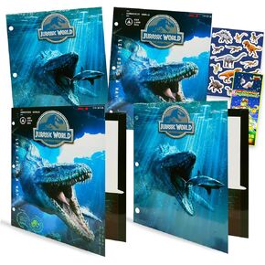 Jurassic World Folders for School - Dinosaur Pocket Folders Bundle Includes 4 Laminated Dinosaur Plastic Folders Plus Stickers, More | Jurassic World School Supplies for Boys