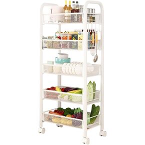 5 Tier Rolling Storage Cart, Storage Cart with Wheels- for Fruits Vegetables Snacks Bowl Dishes, Rolling Cart Organizer for Kitchen Living Room, White