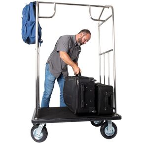 Value Valet Hotel Luggage Cart – for Commercial Use, Condos, Resorts – Chrome Bellman Trolley Cart w/ 6" Air Filled Tires & Gray Carpet, 800 lb Load Capacity