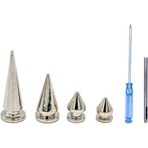 Tutuxio 100 Set 4 Size Cone Spikes and Studs Kit with 2pcs Installation Tools, Punk Style Back Leather Craft Rapid Rivet Screws, Bullet Cone Spikes Beads for DIY Clothing Clothes Belt Bag, Silver