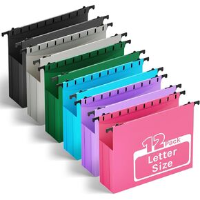 Ansook Plastic Hanging File Folders,Letter Size,Extra Capacity,Upgraded 2" Expanding Accordian Pocket,Heavy Duty for Filing Cabinet,Hard and Durable Hang Folders Organizer, Black File folders 12 Pack