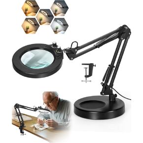 LANCOSC 10X Magnifying Glass with Light and Stand, Switch Knob for Multi-Color Modes Stepless Dimmable, LED Lighted Desk Lamp & Clamp, Hands Free Magnifier for Repair Crafts Hobby Painting Close Work