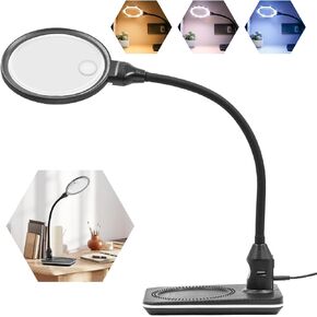 10X 15X Magnifying Glass with Light and Stand, 4.9 Inch 3 Color Modes Table Lighted Magnifier, Flexible Gooseneck Desk Lamp Hands Free for Jewelry, Reading, Hobby Close Work