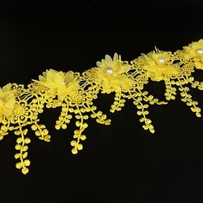 1 Yard Flower Pearl Beads Edge Trim Ribbon Floral Appliques Embroidered Lace Fabric Sewing Lace for Wedding Bridal Dress Clothes Costume Hat Decoration (Red, 1 Yard)