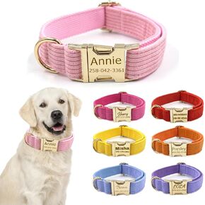 Custom Personalized Dog Collars with Pet Name/Phone Number Engraved Gold Metal Buckle - Adjustable Sizes Soft Thick Velvet Collar for Small Medium Large Dogs 4 Colors - Dog Leash and Bow Tie Available