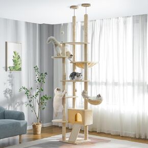 Floor to Ceiling Cat Tree Tall Cat Tower with Adjustable Height (81.8-108 Inches) with Fully Scratching Post Private Condo and Hammock for Indoor Cats (Beige, Triple Dule Posts)