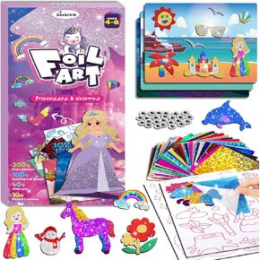Foil Art Fun Kit for Kids - DIY Toy Unicorn Princess Foil Art Craft Activity for Kids, Foam Stickers Fun Craft Kits & Supplies, Creative Christmas Birthday Gifts Travel Toys for 4 and Up Arts & Crafts