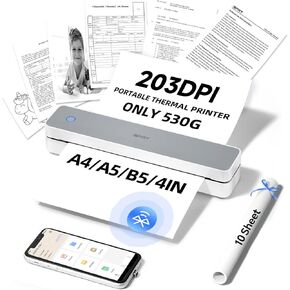 iDPRT Inkless Portable Printer for Travel, Mobile-Thermal-Printers, Wireless-Small-Printer for Home Use, Office, Vehicles, Bluetooth Printers Supports 8.5" x 11" US Letter & A4 & A5 Size White