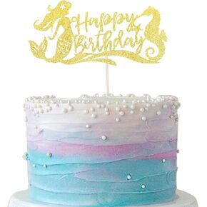 1 PCS Mermaid Happy Birthday Cake Topper - Glitter Ocean Starfish Seawood Seashells Tail Cake Decoration for Under the Sea Theme Baby Shower Birthday Party Supplies Purple