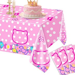 AMFZON 1 Pack Pink Kitty Tablecloth, Cat Disposable Plastic Pink Bow White Dot Table Covers for Birthday Party Decorations, Baby Shower Party Decor Supplies- 54 X108in