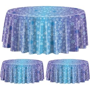 3 Pack Snowflake Tablecloths for Round Table, 84x84'' Blue Purple Plastic Cover, Winter Wonderland Party Decorations for Girls Princess Party, Christmas Holiday