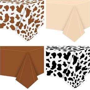 Highland Cow Party Tablecloths - 4Pcs Highland Cattle Birthday Table Covers, Cow Print Themed Party Decorations Plastic Disposable Rectangular Table Cloth for Kids Birthday Baby Shower