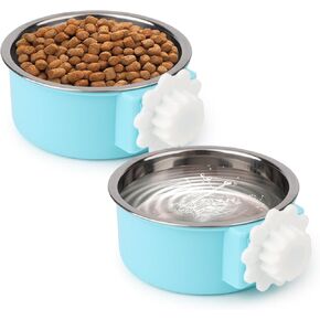 Hypeety Dog Crate Water Bowl No Spill - Hanging Attachable Pet Bowls for Kennel Durable Stainless Steel Food Water Dishes for Small Dogs Cats Rabbits Parrots with Non-Slip Base (Pink 2pcs)