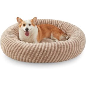 MIXJOY Calming Dog Beds Large Sized Dog - Donut Washable Large Pet Bed, 36 inches Anti-Slip Round Fluffy Plush Faux Fur Dogs Bed, Fits up to 90 lbs Pets, Beige