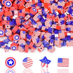 200pcs Patriotic Clay Bead Charms with Box Packaged, 4th of July Independence Day American Flag Red White and Blue Clay Spacer Beads for Jewelry Making DIY Bracele (Patriotic Flag Red Blue)